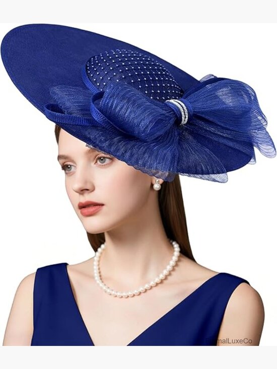 Wide Brim Linen Fascinator Hat, Handmade Rhinestone Bow, Derby Church Wedding main image 4